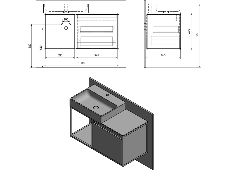 Sapho SKARA umyvadlová skříňka 100x49, 5x46, 5cm, černá mat/dub Alabama CG004-2222