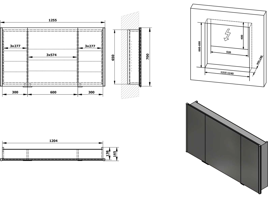 Sapho INTEGRA zápustná galerka s LED osvětlením, 125x70cm IN125