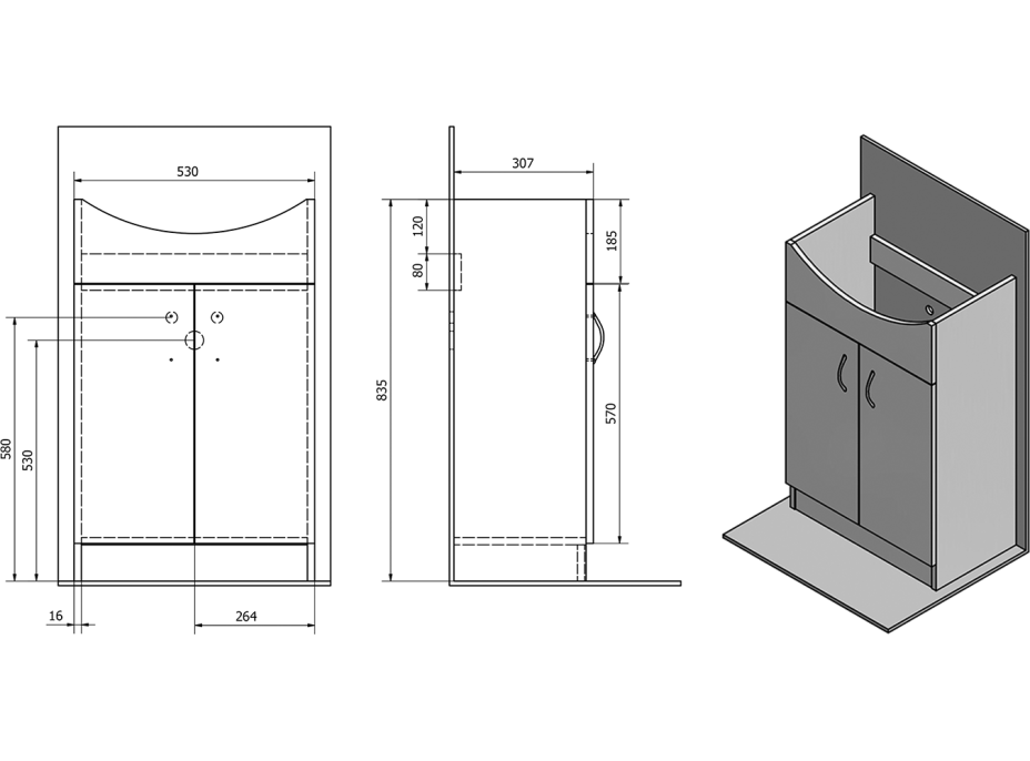 Aqualine SIMPLEX ECO 55 umyvadlová skříňka včetně umyvadla 53x83, 5x30, 7cm SIME550