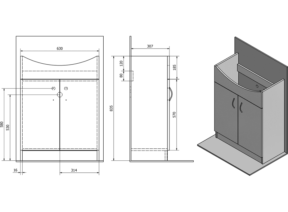 Aqualine SIMPLEX ECO 65 umyvadlová skříňka včetně umyvadla 63x83, 5x30, 7cm SIME650