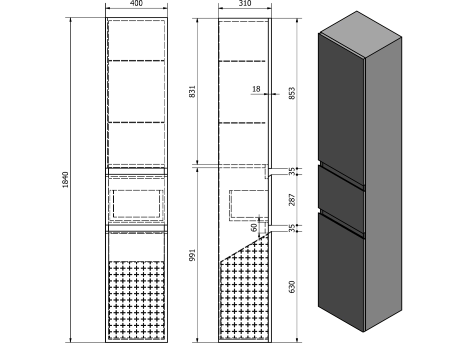 Aqualine ALTAIR vysoká skříňka s košem 40x184x31cm, levá, bílá AI185L