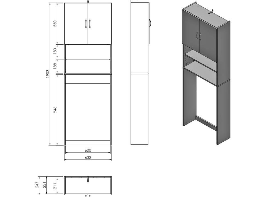 Aqualine SIMPLEX ECO skříňka za pračku 63x25x190cm, bílá SIME715