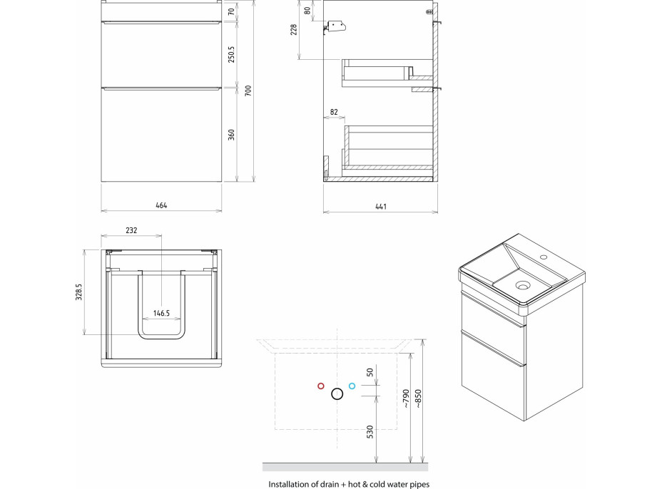 Sapho SITIA umyvadlová skříňka 46, 4x70x44, 2cm, 2xzásuvka, bílá mat SI050-3131