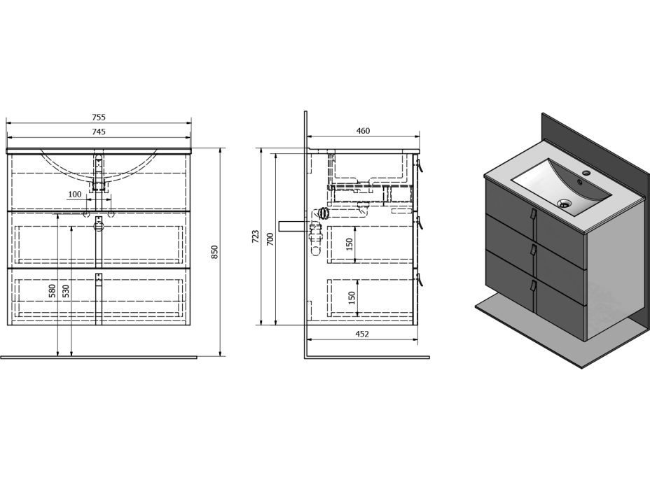 Sapho MITRA umyvadlová skříňka, 3 zásuvky, 74, 5x70x45, 2 cm, bordó MT083