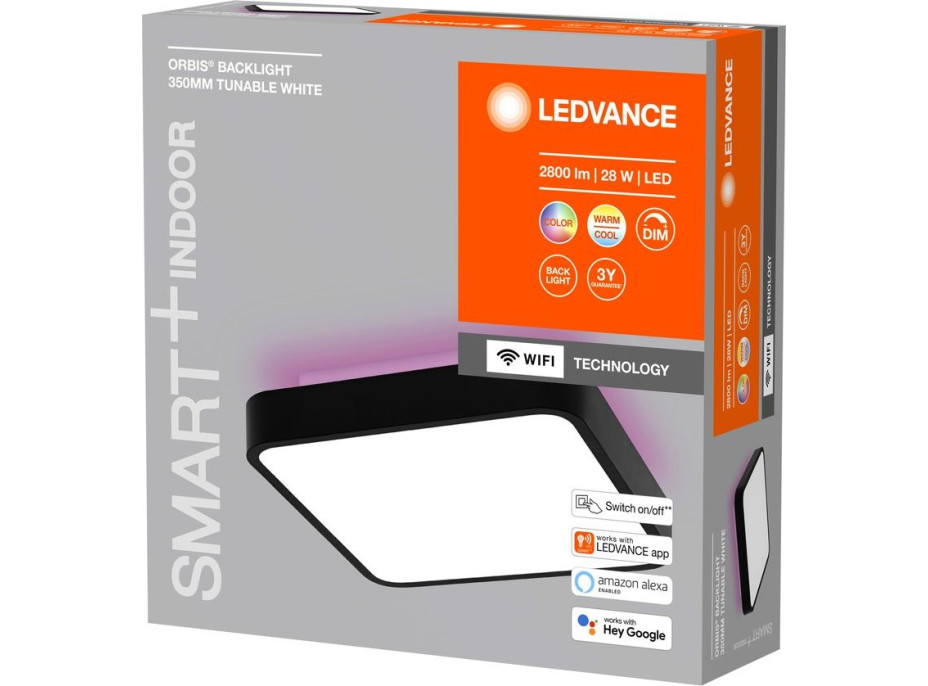 LEDVANCE ORBIS BACKLIGHT stropní svítidlo, 350x350mm, WIFI RGB+stmívatelné, 2800lm, 28W, černá AC314100055