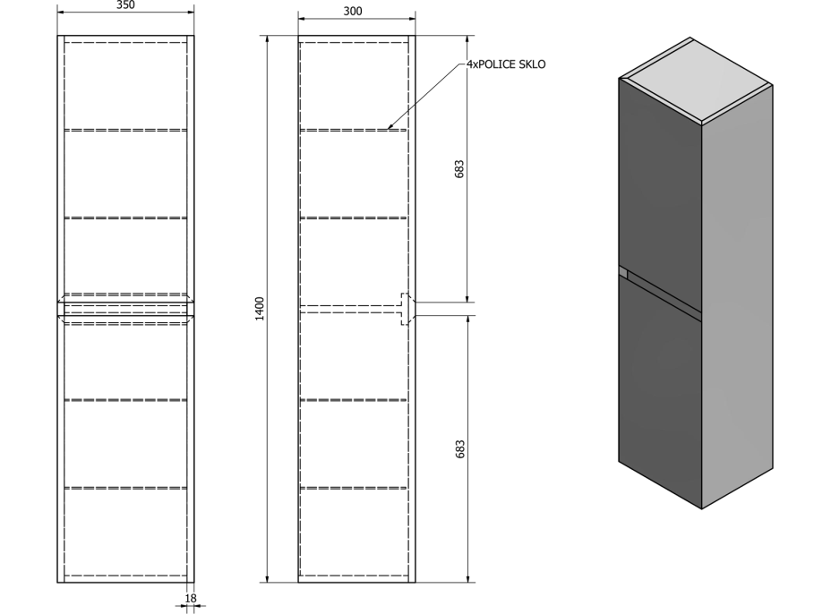 Sapho FILENA vysoká skříňka 35x140x30cm, černá mat strip FID3540BS