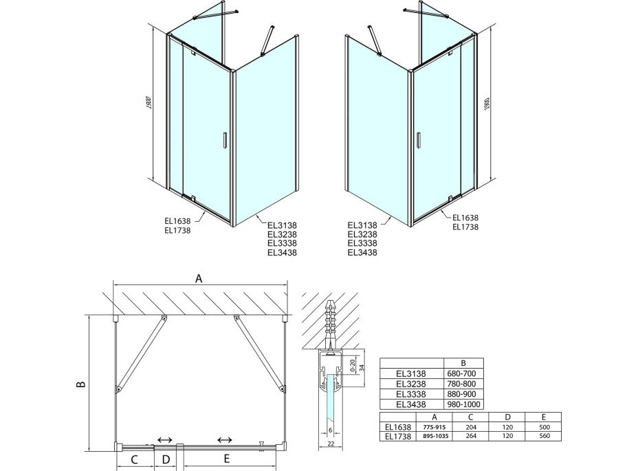 Polysan EASY LINE třístěnný sprchový kout 900-1000x900mm, pivot dveře, L/P varianta, Brick sklo EL1738EL3338EL3338