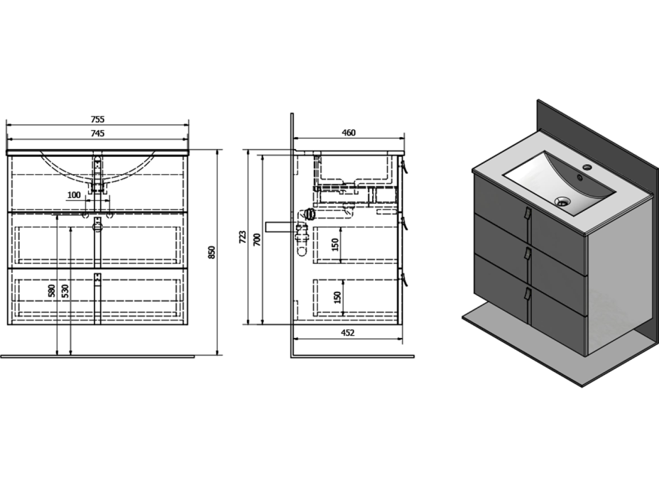 Sapho MITRA umyvadlová skříňka s umyvadlem, 3 zásuvky, 150x70x46 cm, antracit 2XMT0821601-150