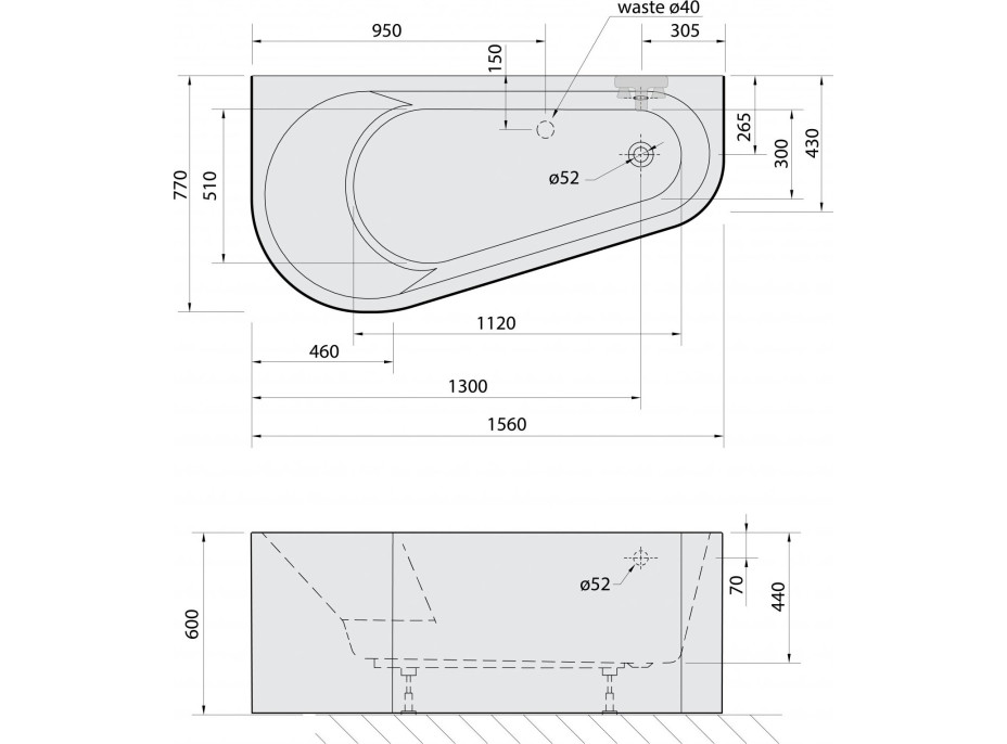 Polysan PROJEKTA DL MONOLITH nástěnná stojící vana 156x77x60cm, bílá/černá 20111MDLB