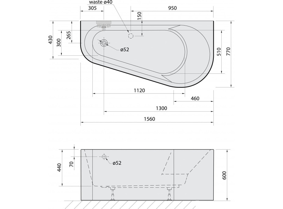 Polysan PROJEKTA DR MONOLITH nástěnná stojící vana 156x77x60cm, bílá 21111MDR