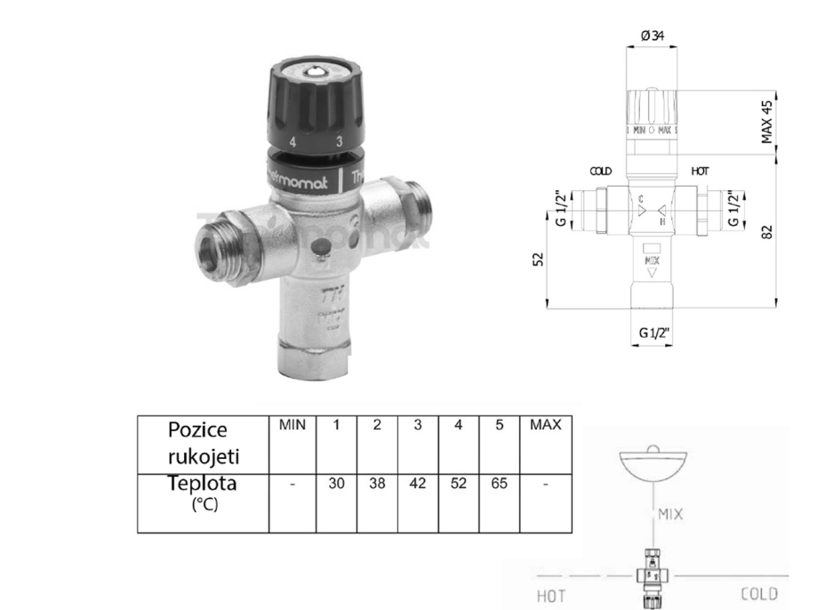 Sapho Termostatický směšovač, 1/2", 30-60 stupňů, zpětné klapky TMT12MPM