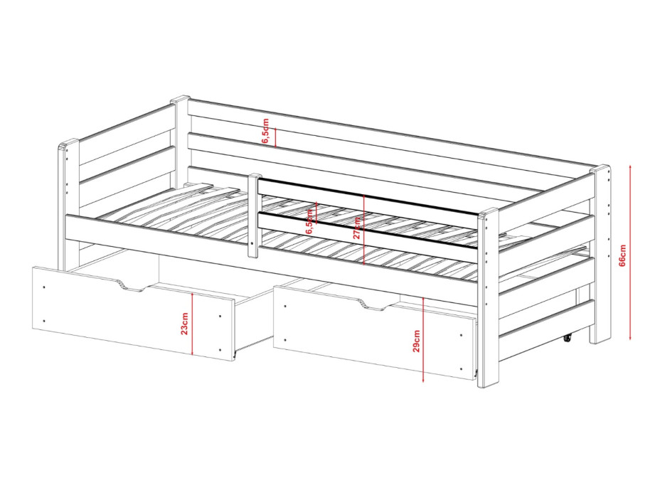 Dětská postel z masivu borovice EGO se šuplíky - 200x90 cm - bílá