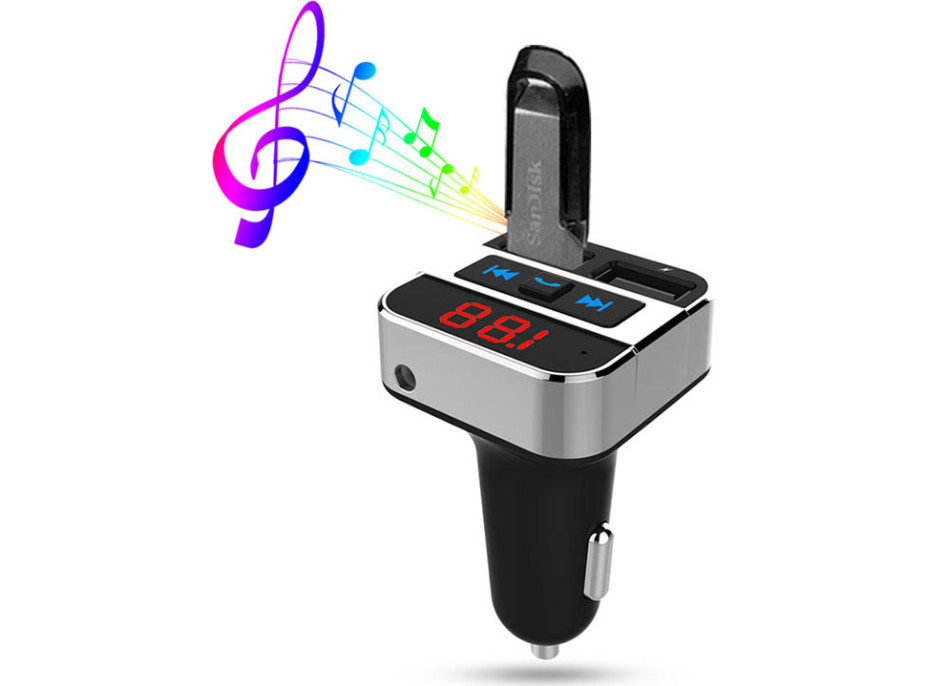 Solight FM transmitter s bluetooth připojením do auta, 2x USB + handsfree