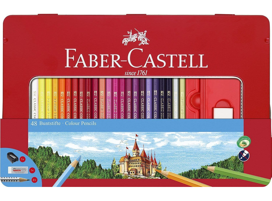 Faber-Castell Pastelky 48 ks v plechovém pouzdře + ořezávátko, guma a tužky