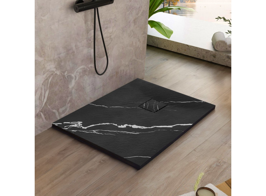 Sprchová SMC vanička REA MAGNUM CARRARA BLACK 90x90 cm - imitace kamene - černá