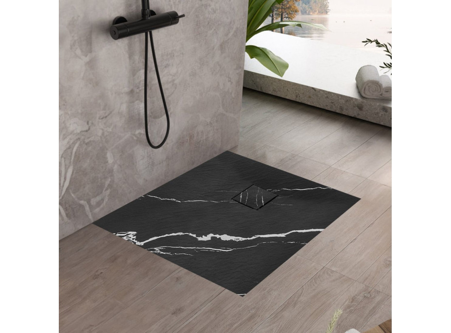 Sprchová SMC vanička REA MAGNUM CARRARA BLACK 90x90 cm - imitace kamene - černá