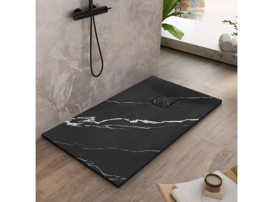 Sprchová SMC vanička REA MAGNUM CARRARA BLACK 90x120 cm - imitace kamene - černá