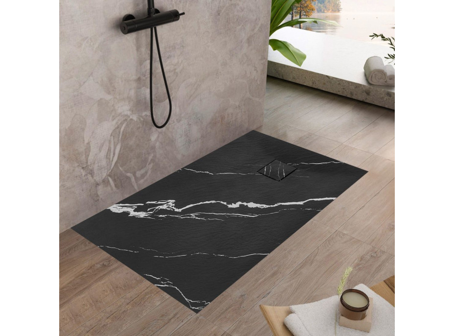 Sprchová SMC vanička REA MAGNUM CARRARA BLACK 90x120 cm - imitace kamene - černá