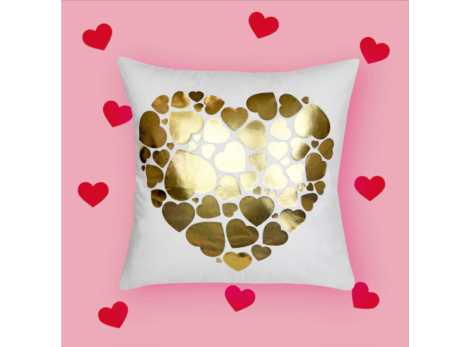 Povlak na polštář GOLD LOVE VELVET Hearts 40x40 cm - bílý/zlatý