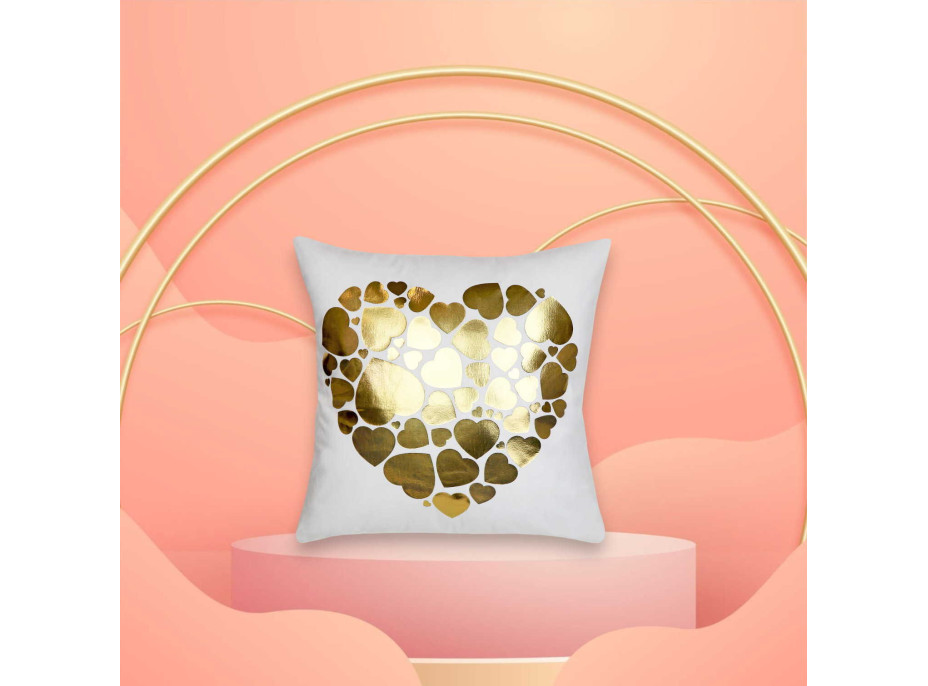 Povlak na polštář GOLD LOVE VELVET Hearts 40x40 cm - bílý/zlatý