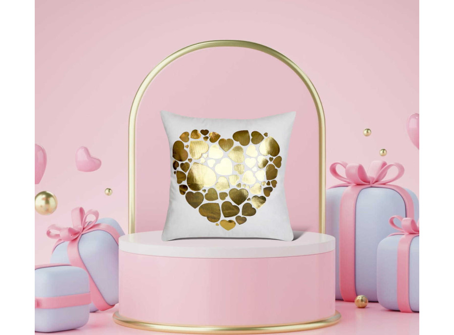 Povlak na polštář GOLD LOVE VELVET Hearts 40x40 cm - bílý/zlatý