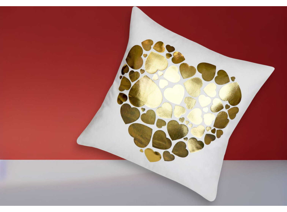 Povlak na polštář GOLD LOVE VELVET Hearts 40x40 cm - bílý/zlatý