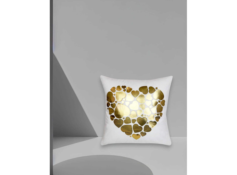 Povlak na polštář GOLD LOVE VELVET Hearts 40x40 cm - bílý/zlatý