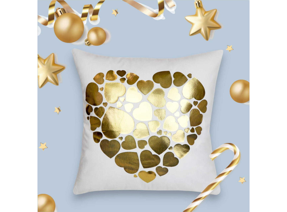 Povlak na polštář GOLD LOVE VELVET Hearts 40x40 cm - bílý/zlatý