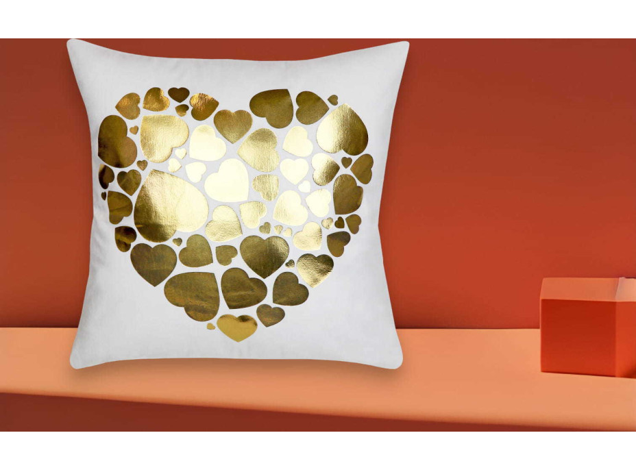 Povlak na polštář GOLD LOVE VELVET Hearts 40x40 cm - bílý/zlatý