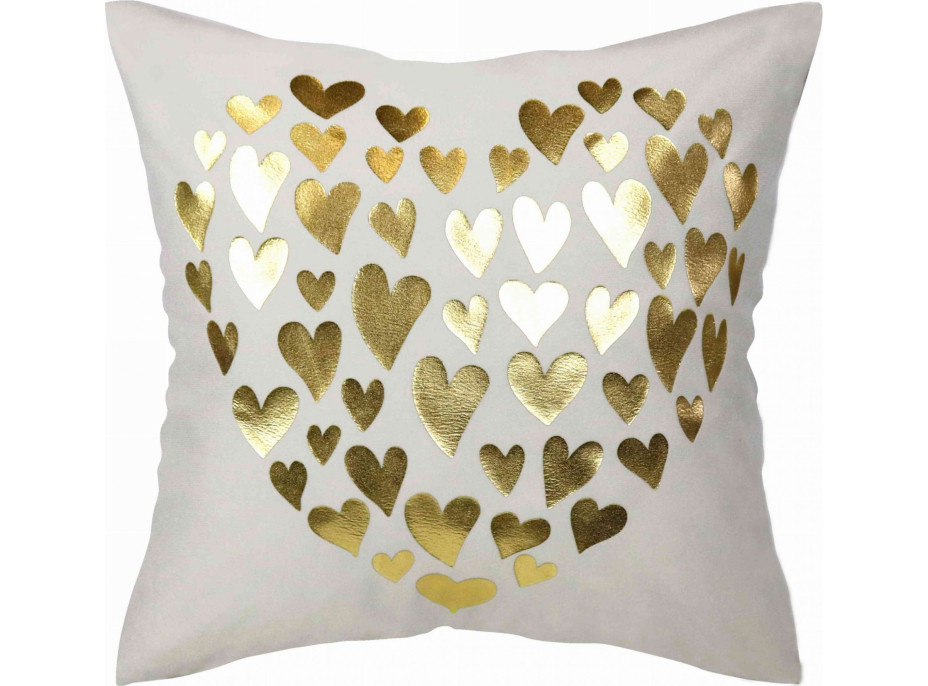 Polštář GOLDEN LOVE VELVET Hearts 40x40 cm - bílý/zlatý