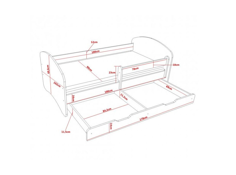 Dětská postel se šuplíkem a gravírováním 180x90 cm PEJSEK