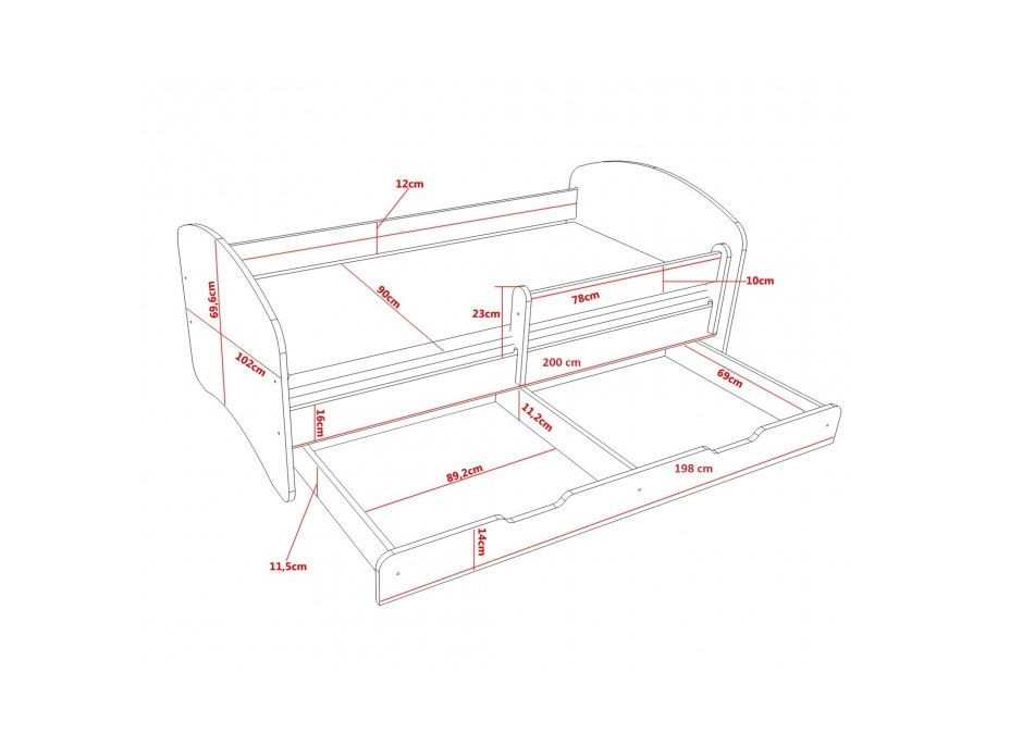 Dětská postel se šuplíkem a gravírováním 200x90 cm PEJSEK