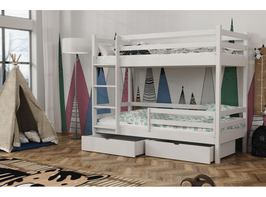 Dětská patrová postel z masivu borovice LEGEND PLUS se šuplíky - 200x90 cm - BÍLÁ