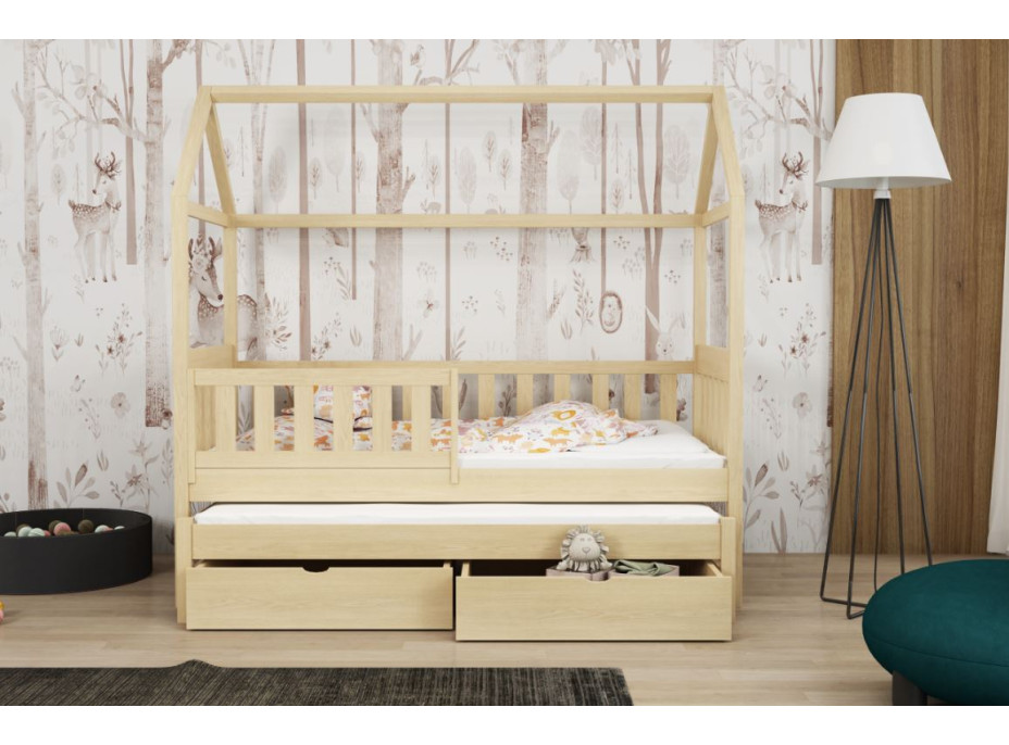 Dětská domečková postel z masivu borovice REVOLUT s přistýlkou a šuplíky - 200x90 cm - přírodní borovice