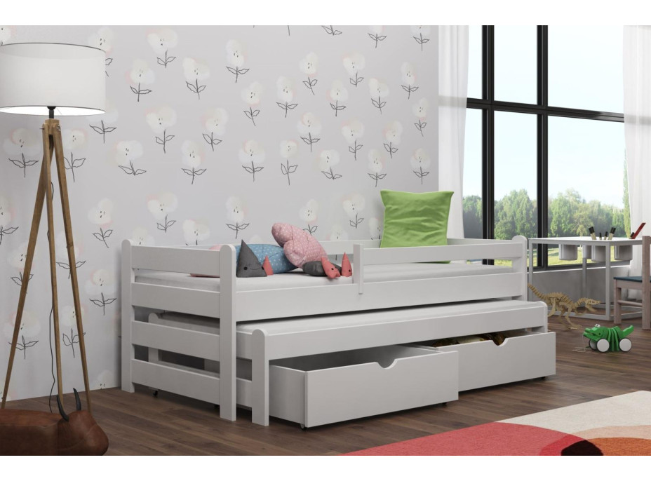 Dětská postel z masivu borovice ALEX s přistýlkou a šuplíky - 200x90 cm - BÍLÁ