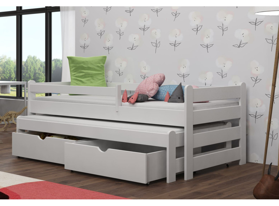 Dětská postel z masivu borovice ALEX s přistýlkou a šuplíky - 200x90 cm - BÍLÁ