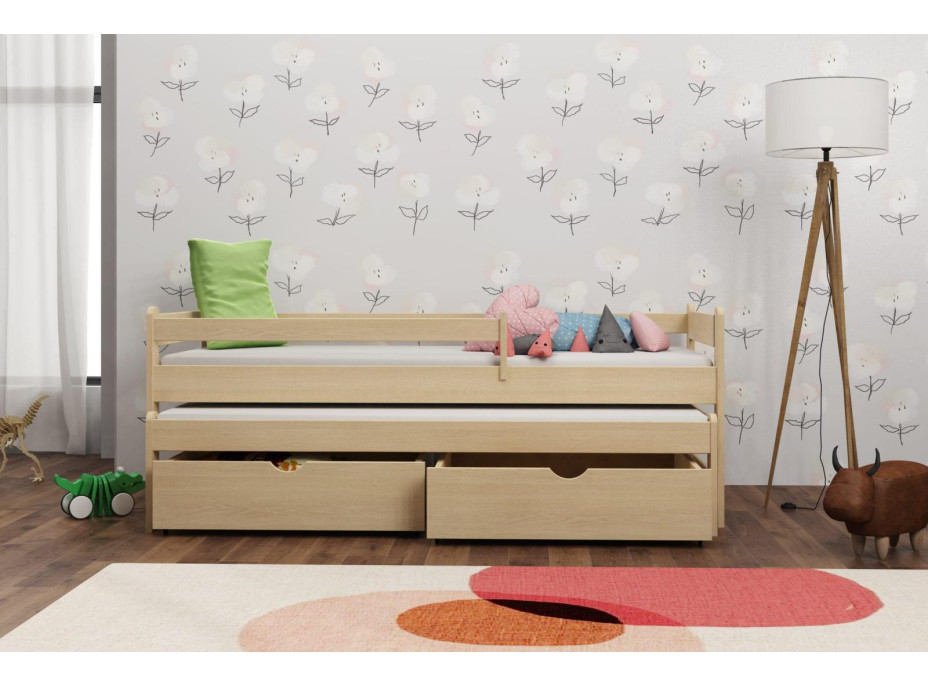 Dětská postel z masivu borovice ALEX s přistýlkou a šuplíky - 200x90 cm - PŘÍRODNÍ BOROVICE