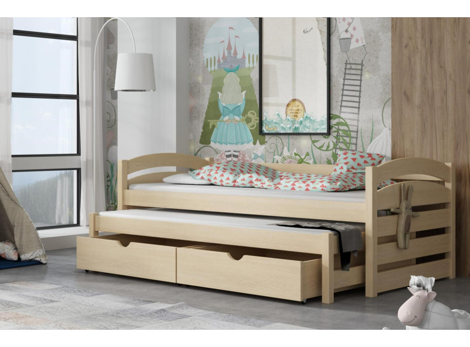 Dětská postel z masivu borovice MONI s přistýlkou a šuplíky - 200x90 cm - PŘÍRODNÍ BOROVICE