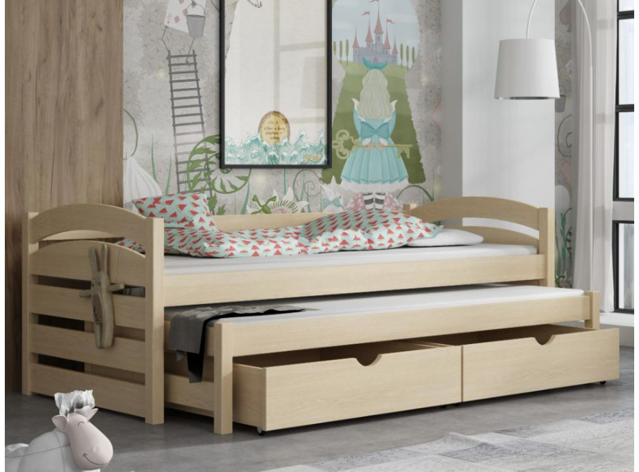 Dětská postel z masivu borovice MONI s přistýlkou a šuplíky - 200x90 cm - PŘÍRODNÍ BOROVICE