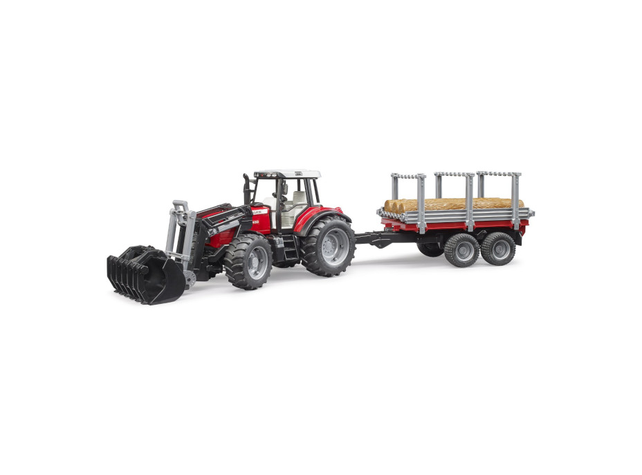 Bruder Traktor Massey Ferguson 7480 s čelním nakladačem a přepravníkem klád