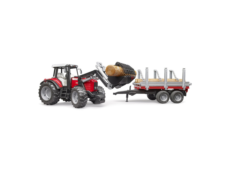 Bruder Traktor Massey Ferguson 7480 s čelním nakladačem a přepravníkem klád