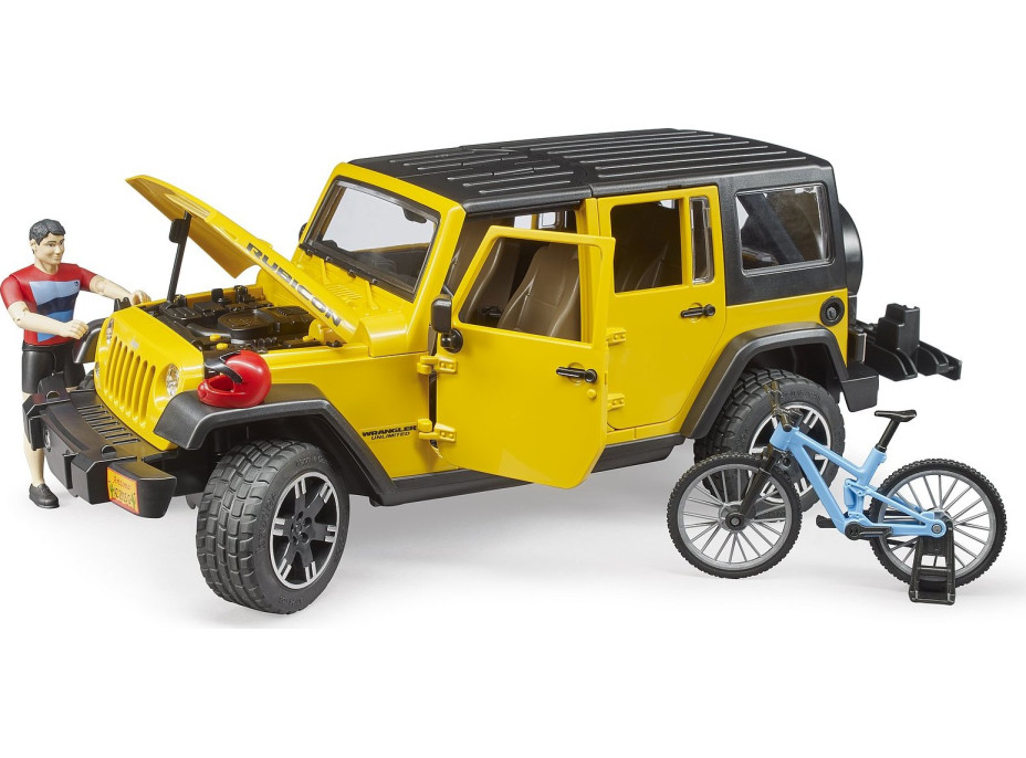 Bruder Jeep Wrangler Rubicon s cyklistou a kolem