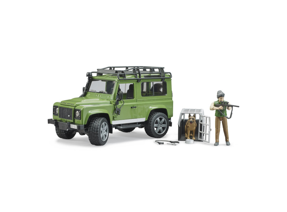 Bruder LAND ROVER DEFENDER s figurkou myslivce, psa a příslušenstvím