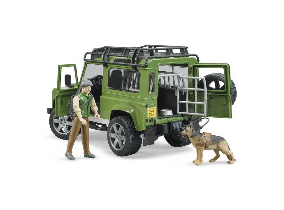 Bruder LAND ROVER DEFENDER s figurkou myslivce, psa a příslušenstvím