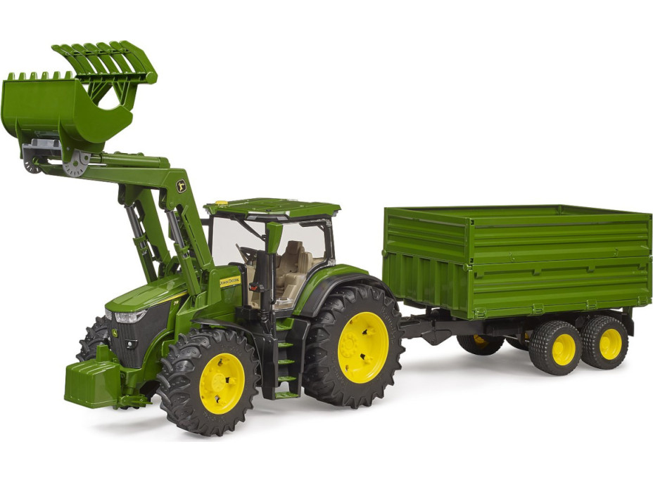 Bruder Traktor John Deere 7R 350 s čelním nakladačem a tandemovým přepravním přívěsem