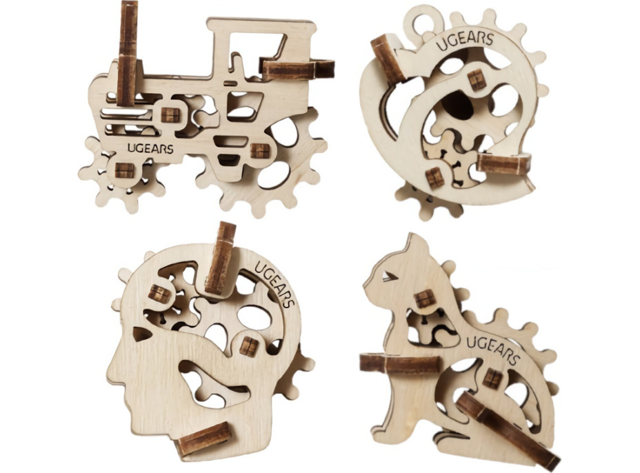 Ugears 3D dřevěné mechanické puzzle 4 mechanické přívěšky Charakterové symboly