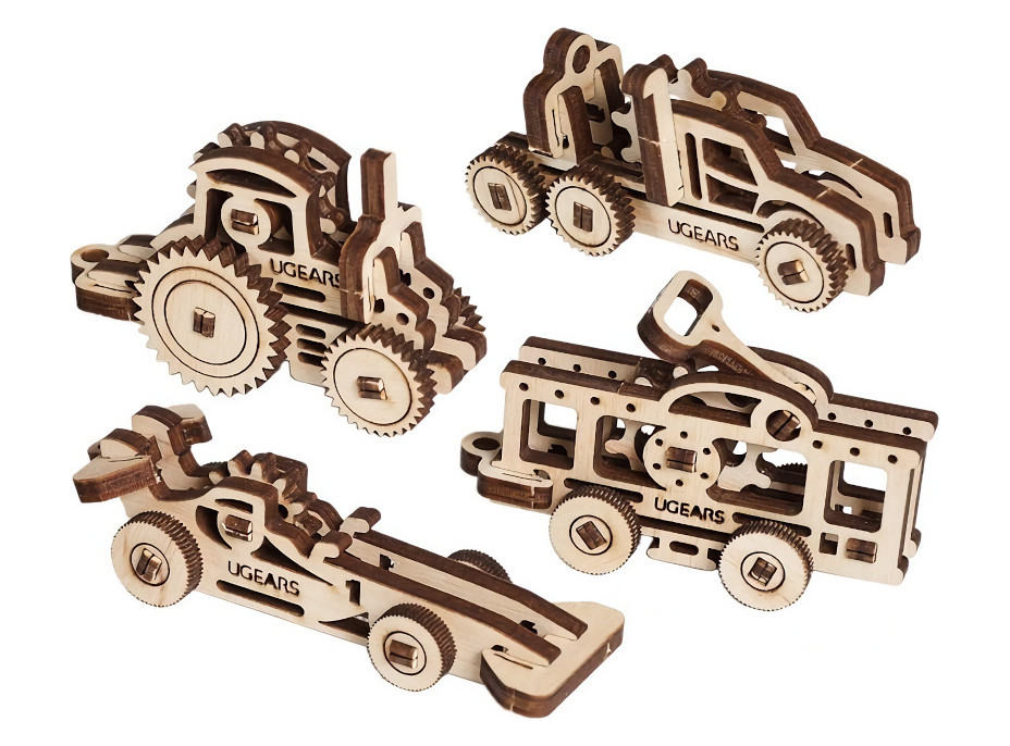 Ugears 3D dřevěné mechanické puzzle 4 mechanické přívěšky Vozidla