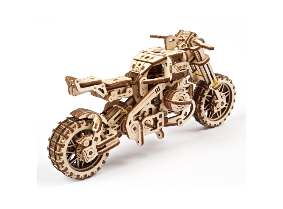 Ugears 3D dřevěné mechanické puzzle UGR-10 Motorka (scrambler) s vozíkem