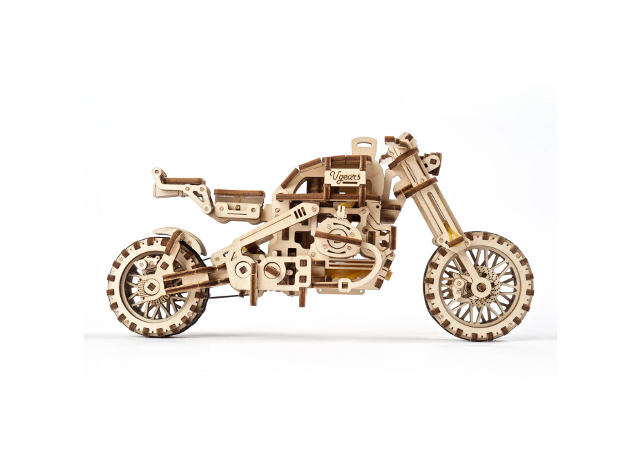 Ugears 3D dřevěné mechanické puzzle UGR-10 Motorka (scrambler) s vozíkem