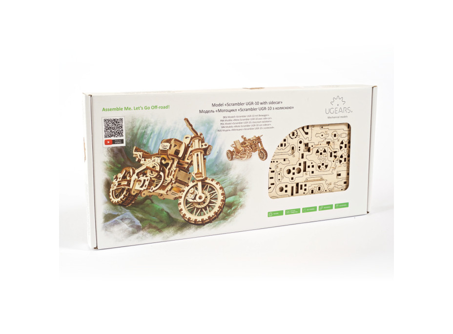 Ugears 3D dřevěné mechanické puzzle UGR-10 Motorka (scrambler) s vozíkem